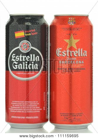 Estrella damm pilsner and Estrella Galicia pale lager beer isolated on white background