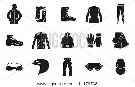 Set of cloth and shoes for winter sport. Black silhouette design. Ski icons series.