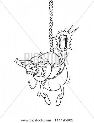 paparazzi photographer hanging on a rope, contour illustration