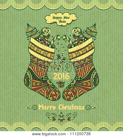 Christmas Stocks with gift  in Zen doodle style grunge olive background for Christmas or for  New Year Sale  or creative Post Ca
