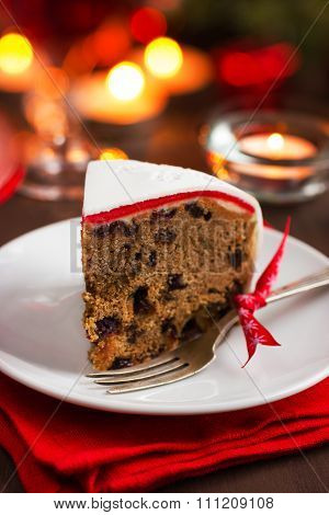 Traditional Fruitcake On  Christmas Table