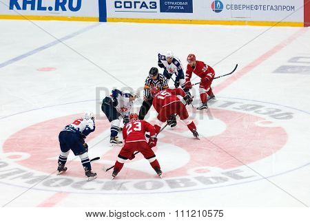 PODOLSK - NOVEMBER 21 2015: during hockey game Vityaz vs Torpedo on Russia KHL championship in Vutyaz ice arena Podolsk Russia. Torpedo won 4:3