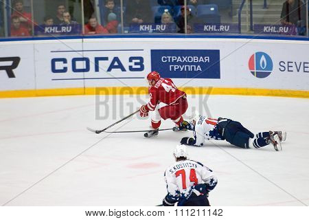 PODOLSK - NOVEMBER 21 2015: during hockey game Vityaz vs Torpedo on Russia KHL championship in Vutyaz ice arena Podolsk Russia. Torpedo won 4:3
