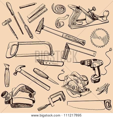 Joinery icons set. Carpenter character at work.