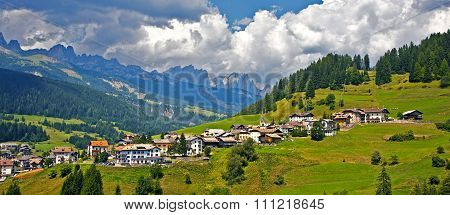 View Over The Meadows And Agriculture In The Dolomite Alpes, Near Village Vigo