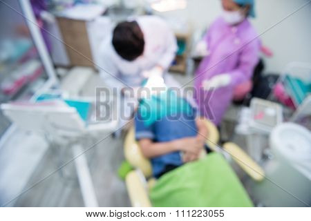 Blurred Abstract Background Of Dentistry Care Unit Room Interior In Dental Hospital/ Clinic With Den