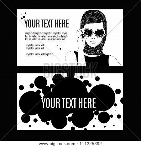 Beautiful retro woman, vector. Copy space. In little black dress with a sun glasses.
