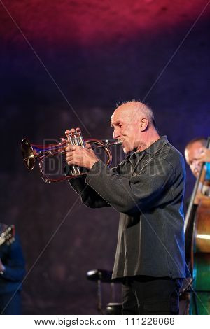 WIELICZKA POLAND - NOVEMBER 2 2015: Adam Kawonczyk Quartet playing live music at The Cracow Jazz All Souls' Day Festival in The Wieliczka Salt Mine. Poland