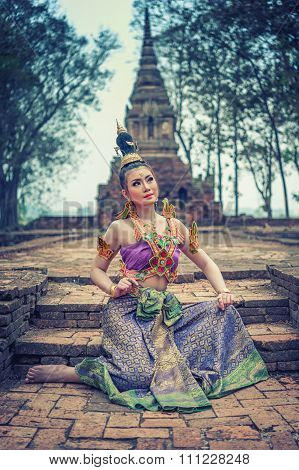 Ancient Thai Woman In Traditional Costume Of Thailand