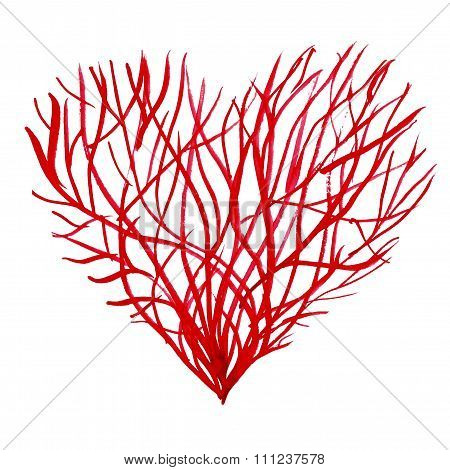 Watercolor Red Heart Made Of Branches On A White Background.happy Valentine Day! Watercolor Painted