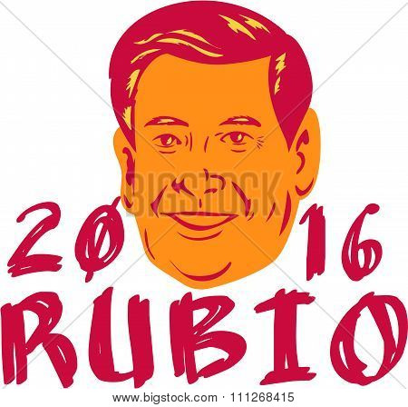 Jan. 11, 2016: Illustration showing Marco Rubio an American senator politician and Republican 2016 presidential candidate crest with words Rubio 2016 done in retro sketch drawing style.