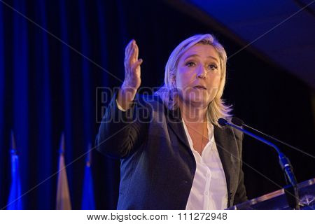 Wattrelos, FRANCE - November 6, 2015 : Marine le Pen from Front National during her speech for Regionales 2015 