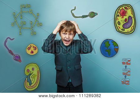 Teen boy businessman holding his hands behind his head shouts ic