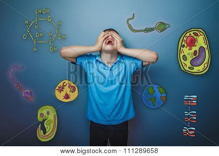 Teen boy threw his head back eyes closed hands shouting icons bi