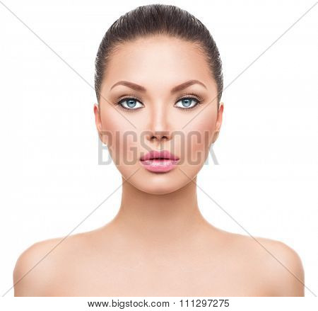 Beauty Woman face Portrait. Beautiful Spa model Girl with Perfect Fresh Clean Skin. Brunette female looking at camera. Youth and Skin Care Concept. Isolated on a white background. Headshot