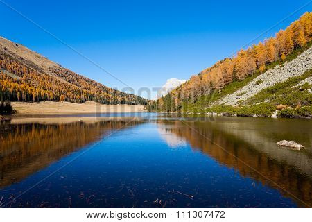 Reflections On Water, Autumn Panorama From Mountain Lake