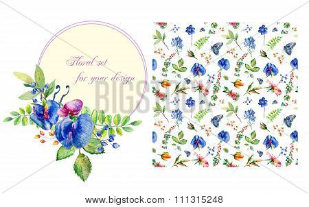 Set Of Watercolor Seamless Pattern And Round Frame With Flowers.