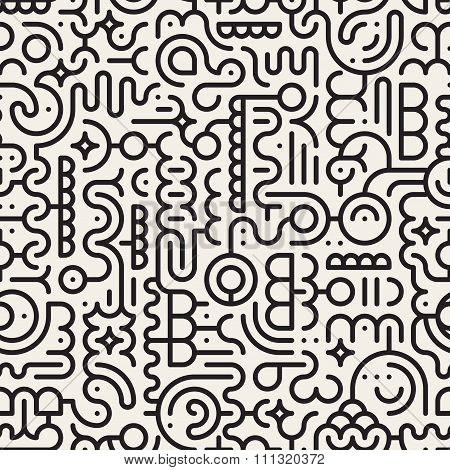 Vector Seamless Black And White Line Art Geometric Doodle Pattern