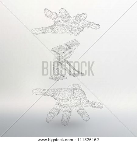 Vector illustration of letter K and hand of lines. Fonts of Mesh polygonal. The structural grid of p