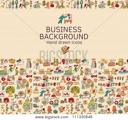 Business background doodles hand drawn color icons.