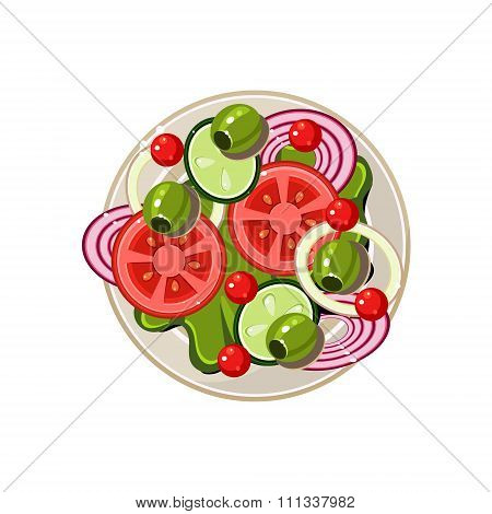 Salad of Sliced Vegetables Served Food. Vector Illustration