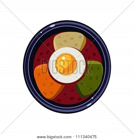 Soup with Toasts and Fried Egg Served Food. Vector Illustration