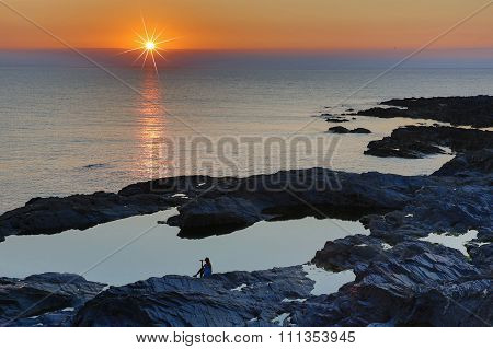 Sunset in Cornwall Treyarnon Bay Cornwall England UK on a relaxed chilled summer evening