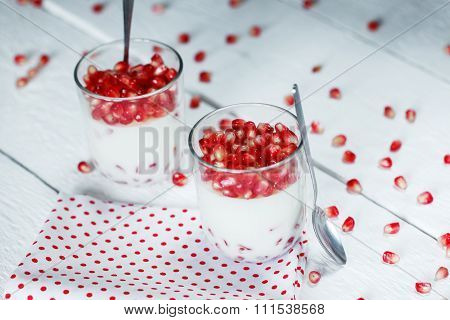 Italyn Delicious Dessert Pannacotta With Fresh Pomegranate Seeds