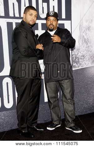 Ice Cube and O'Shea Jackson Jr. at the Los Angeles premiere of 'Straight Outta Compton' held at the Microsoft Theatre in Los Angeles, USA on August 10, 2015. 