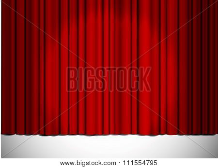 Red Closed Curtain With Light Spots In A Theater