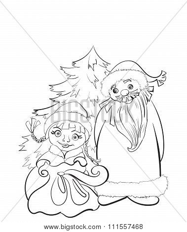 Christmas card. Santa and Snow Maiden  with gifts