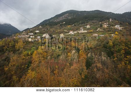 Scenic Mountain Autumn Landscape And Village Prusos