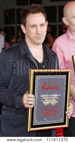HOLLYWOOD, CALIFORNIA. April 23, 2008. Billy Corgan and Jimmy Chamberlin attend the Hollywood's RockWalk inducts The Smashing Pumpkins held at the Guitar Center in Hollywood, California United States.
