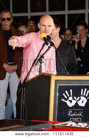 HOLLYWOOD, CALIFORNIA. April 23, 2008. Billy Corgan and Jimmy Chamberlin attend the Hollywood's RockWalk inducts The Smashing Pumpkins held at the Guitar Center in Hollywood, California United States.