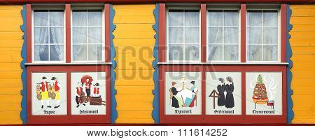 Ancient unique window in historic medieval old town. Appenzell is well-known for its colourful house