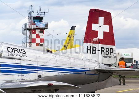 Hradec Kralove, Czech Republic - September 5: Swiss Pilatus Warbird Aerobatic Team P3 Flyers Aeropla