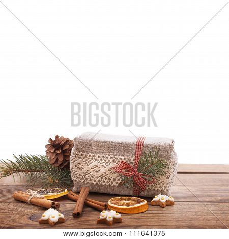 Vintage Christmas Composition. Handmade Gift Box, Red Ribbon,