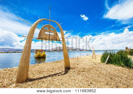 Totora boat on the Titicaca lake near Puno, Peru