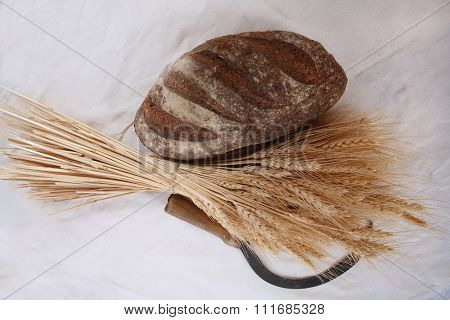 bunch of mown wheat ears with vintage handmade reaper hook sickle and rye dark french fresh bread loaf on white linen tablecloth