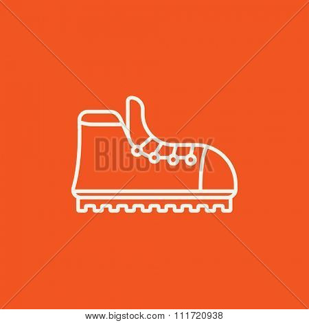Hiking boot with crampons line icon for web, mobile and infographics. Vector white icon isolated on red background.