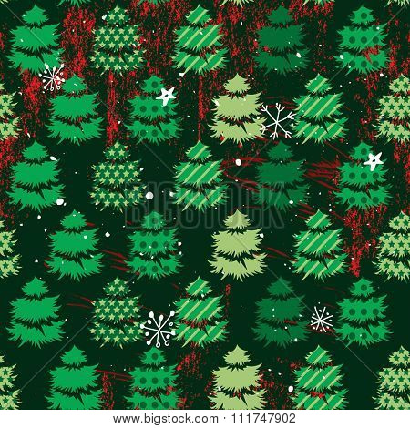 Seamless dark green pattern with traditional Christmas trees. For festive design, announcements, greeting cards, postcards, posters.