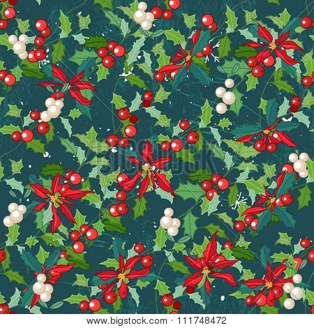 Seamless dark green pattern with traditional festive flower - Christmas star. For your design, announcements, greeting cards, postcards, posters.