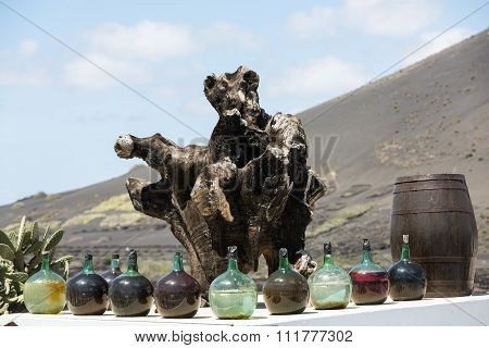 A big bottles with grape wine - malvasia. Lanzarote Spain