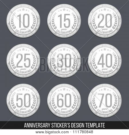 Vector set of anniversary stickers. Ten, fifteen, twenty, thirty, forty, fifty, sixty, seventy years