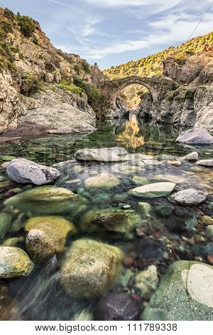 River Passing Through Genoese Bridge At Asco In Corsica