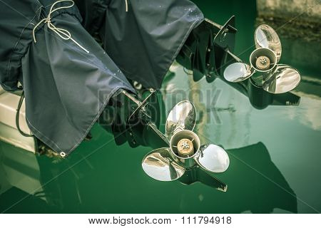 Two Boat Engine With Propeller Details Shot