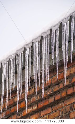 Icicles grew on the roof edge in winter