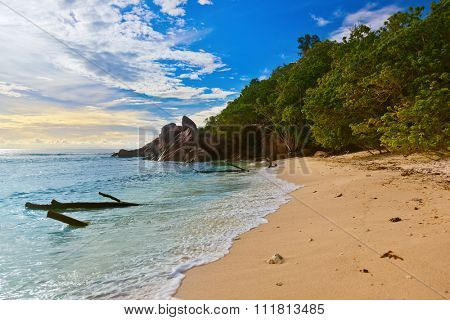 Seychelles tropical beach at sunset - nature background