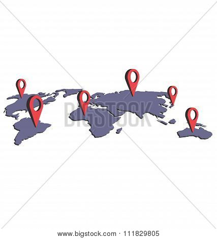 World map with pins isolated on white