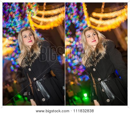 Portrait of young beautiful woman with long fair hair outdoor in cold winter evening